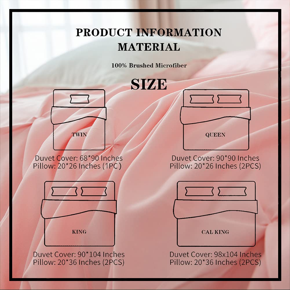 3 Pieces Bedding Duvet Cover Set, Pinch Pleated Twin Duvet Cover, Pintuck Comforter Quilt Cover with 2 Pillow Shams-Twin-68 X 90 inches-Pink