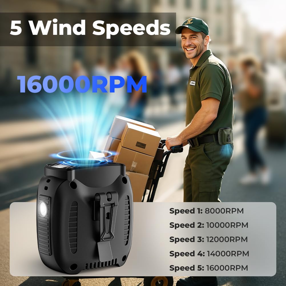 VOSFEEL 16000mAh Portable Waist Fan Rechargeable, 16000RPM 5-Speeds Strong Airflow, 48H Runtime with Flashlight, Personal Wearable Belt Fan for Camping, Outdoor, Jobsite, Black