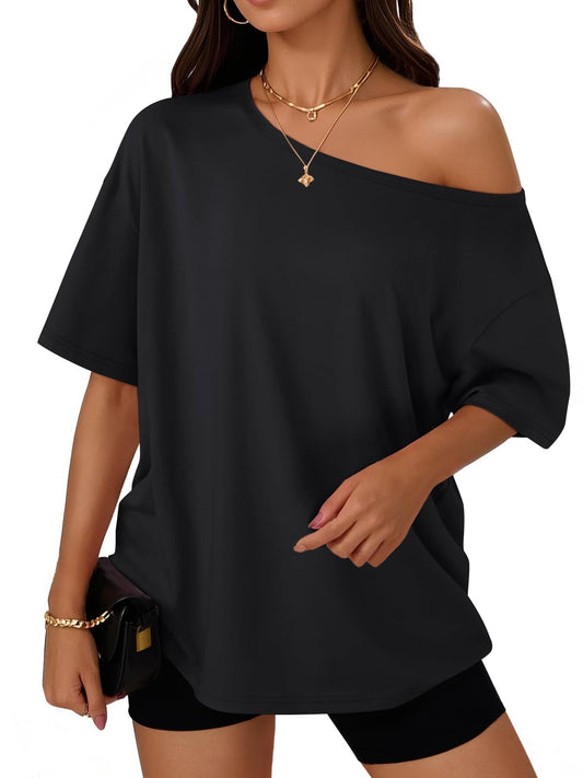 Trendy Queen Womens Off The Shoulder Tops Oversized T-Shirts Short Sleeve Tees Summer 2025 Casual Spring Fashion Clothes Black L