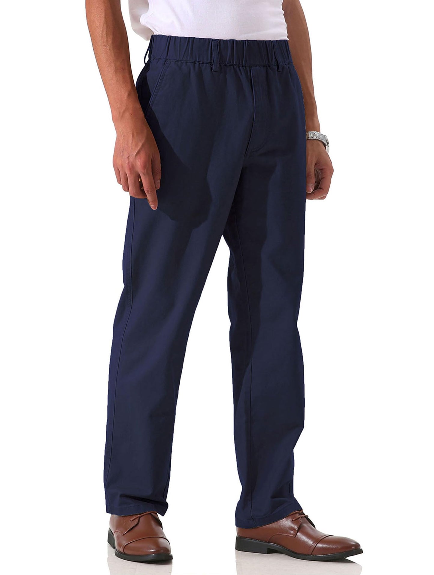 Soojun Men's Cotton Relaxed Fit Full Elastic Waist Twill Pants, Navy, 38W x 30L