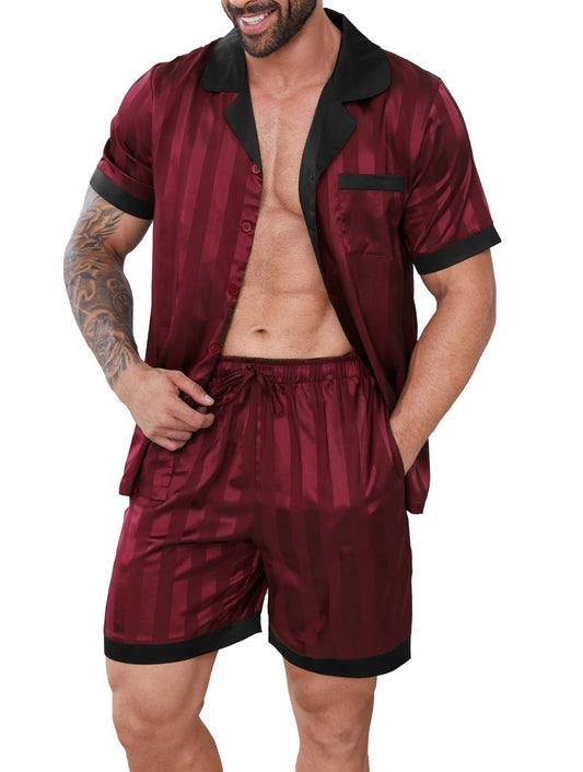 DEARCASE Mens Pajamas Set Satin Silk Sleepwear Shorts Wine Red Black X-Large Sexy Nightwear Button Down 2 Piece Slumber Party Christmas Birthday Loungewear Sets Father Boyfriend Husband