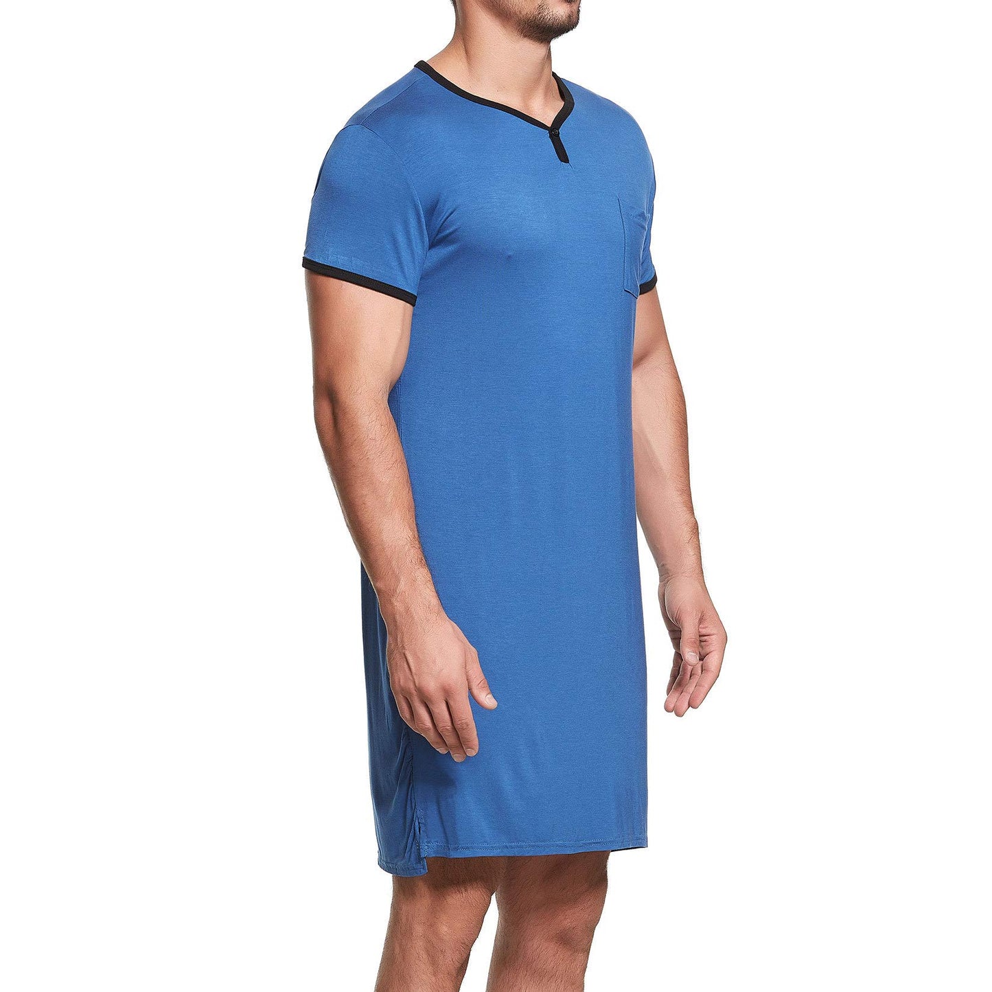 Lu's Chic Men's Short Sleeve Nightshirt Henley Pajama Top V Neck Nightgown Pocket Sleep Gown Sleepwear Loose Loungewear Sleeping Lounge Long Knee Shirt Casual Nightwear Plain Navy Large