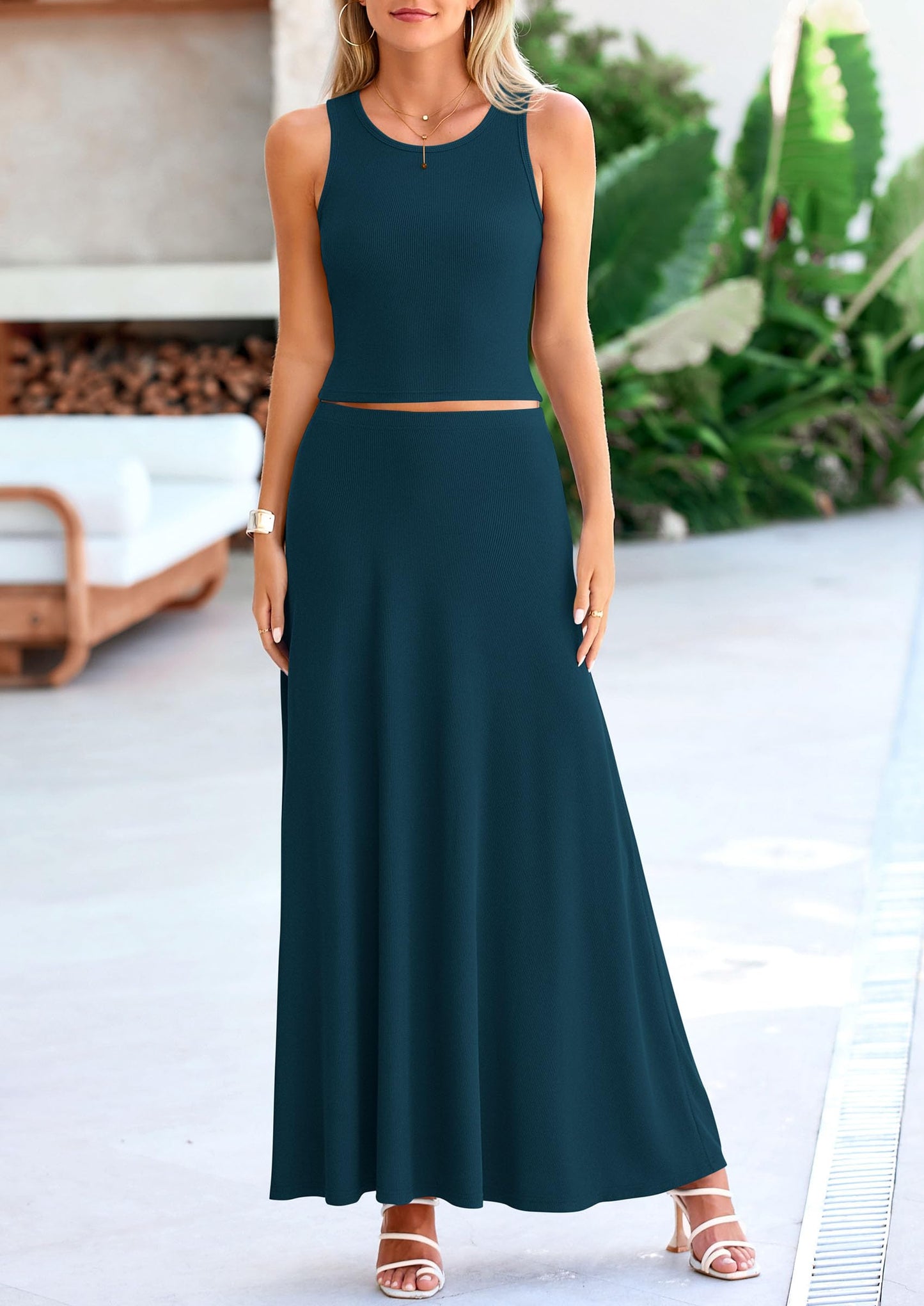 PRETTYGARDEN Women's 2 Piece Maxi Skirt Sets Casual Summer Knit Cropped Tank Top High Waisted Long Skirts Outfit (Lake Blue,Medium)
