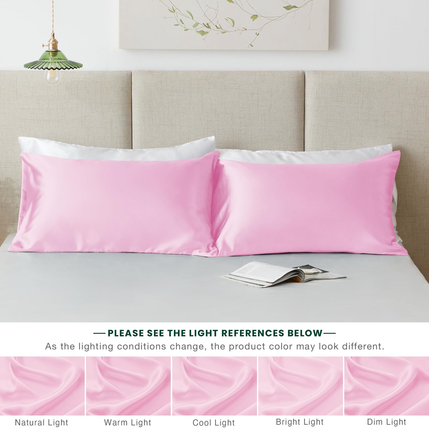 Love's cabin Silk Satin Pillowcase for Hair and Skin (Pink, 20x36 inches) Slip King Size Pillow Cases Set of 2 - Satin Cooling Pillow Covers with Envelope Closure