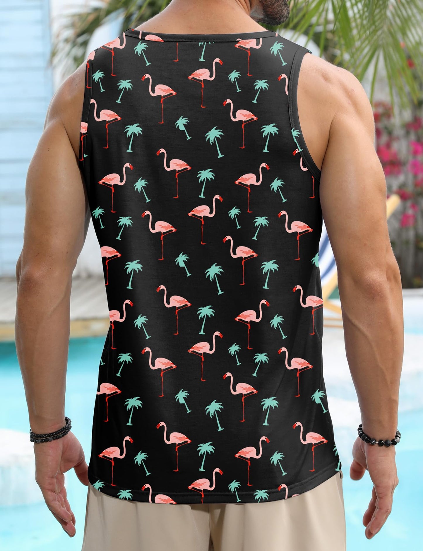 Babioboa Men Funky Hawaiian Tank Top Tropical Floral Beach Shirt Sleeveless Quick Dry T-Shirt Summer Casual(Flamingo,XL)