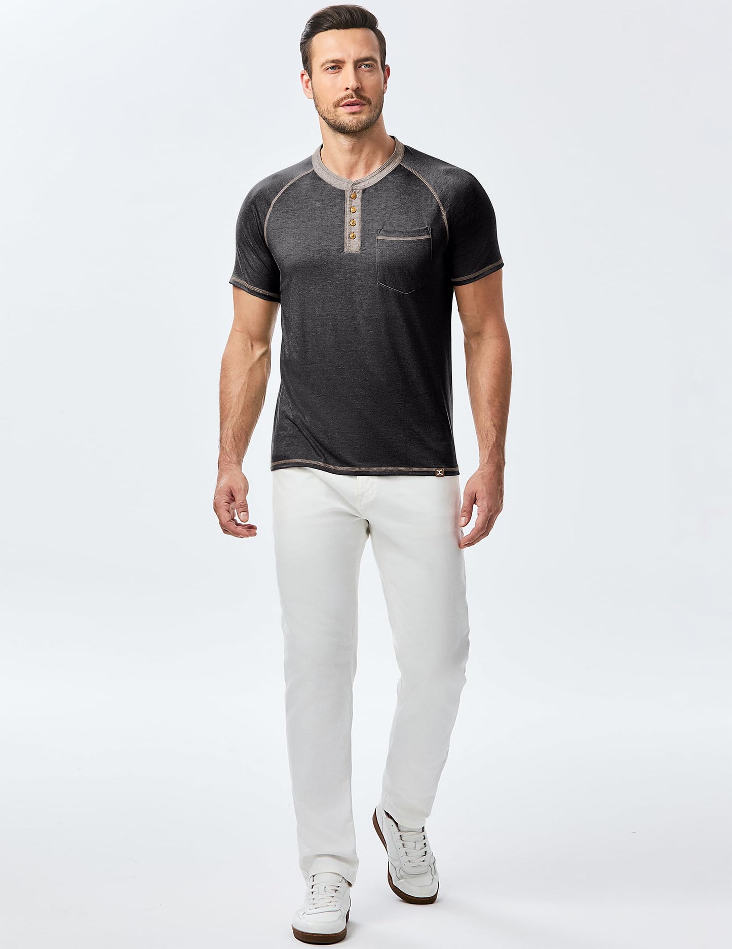 JMIERR Mens Henley Short Sleeve T-Shirt Cotton Casual Shirts with Pockets, XL, Black
