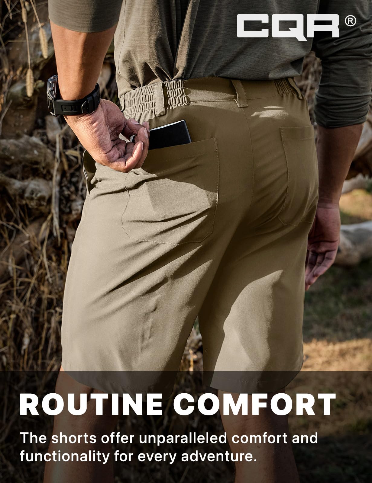 CQR Men's Quick Dry Stretch Hiking Cargo Shorts, Lightweight Water Resistant Tactical Casual, Golf & Outdoor with Pockets, Routine Sandstorm, 34W x 10L