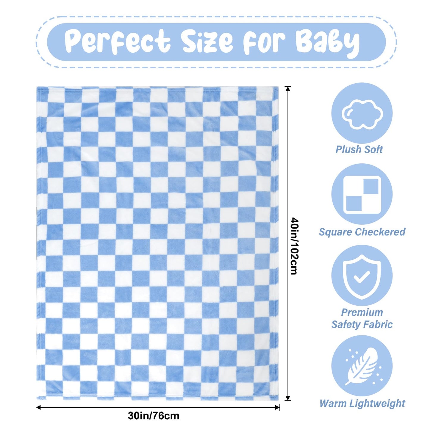 GreatBba Plush Checkered Baby Blanket for Boys Girls Nursery, 30"*40" Warm Short Fleece Blanket Neutral for Infant Newborn, Small Fuzzy for Sleeping, Chenille Baby for Stroller (Blue&White)