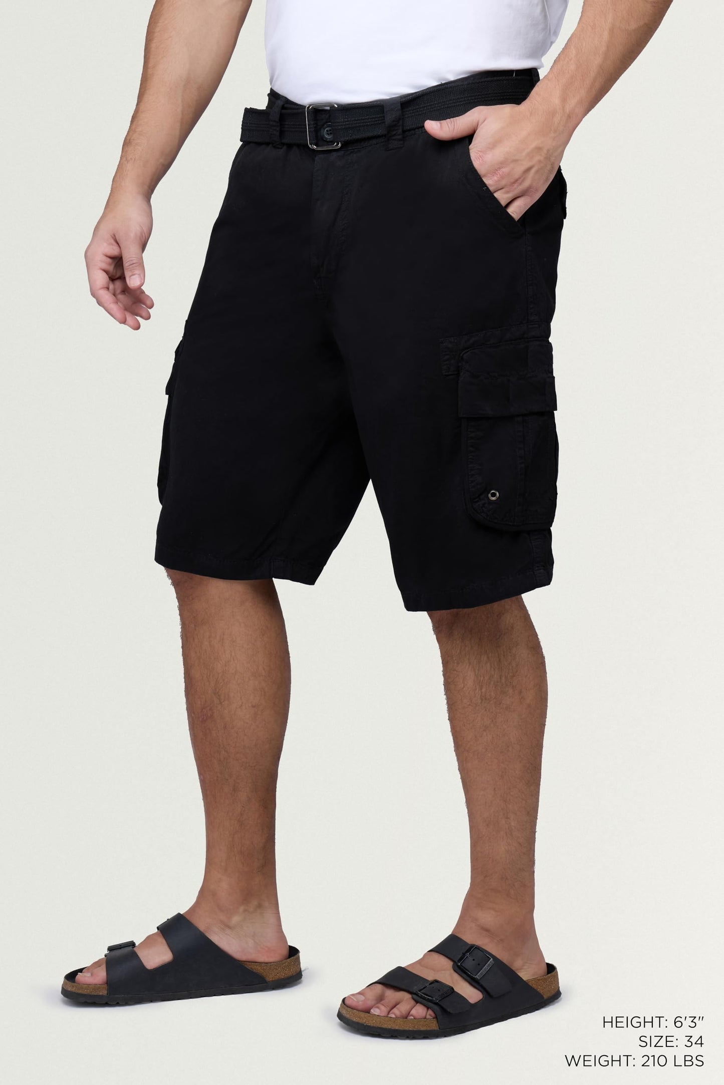 RAW X Mens Belted Cargo Shorts, Relaxed Fit Casual Knee Length Cargo Shorts for Men, Black, 28