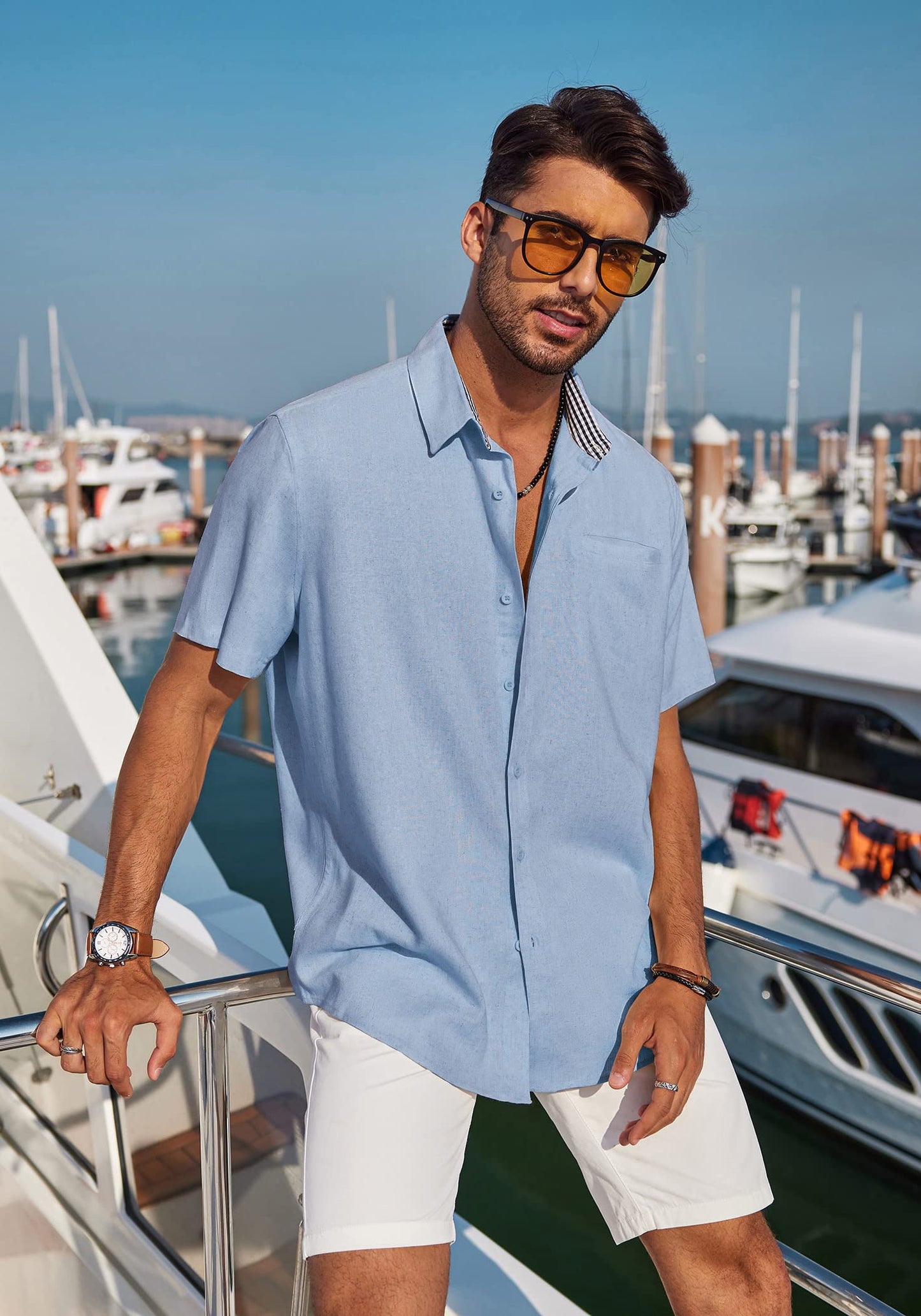 COOFANDY Mens Shirt Beach Wedding Casual Linen Button Up, Light Blue, X-Large, Short Sleeve