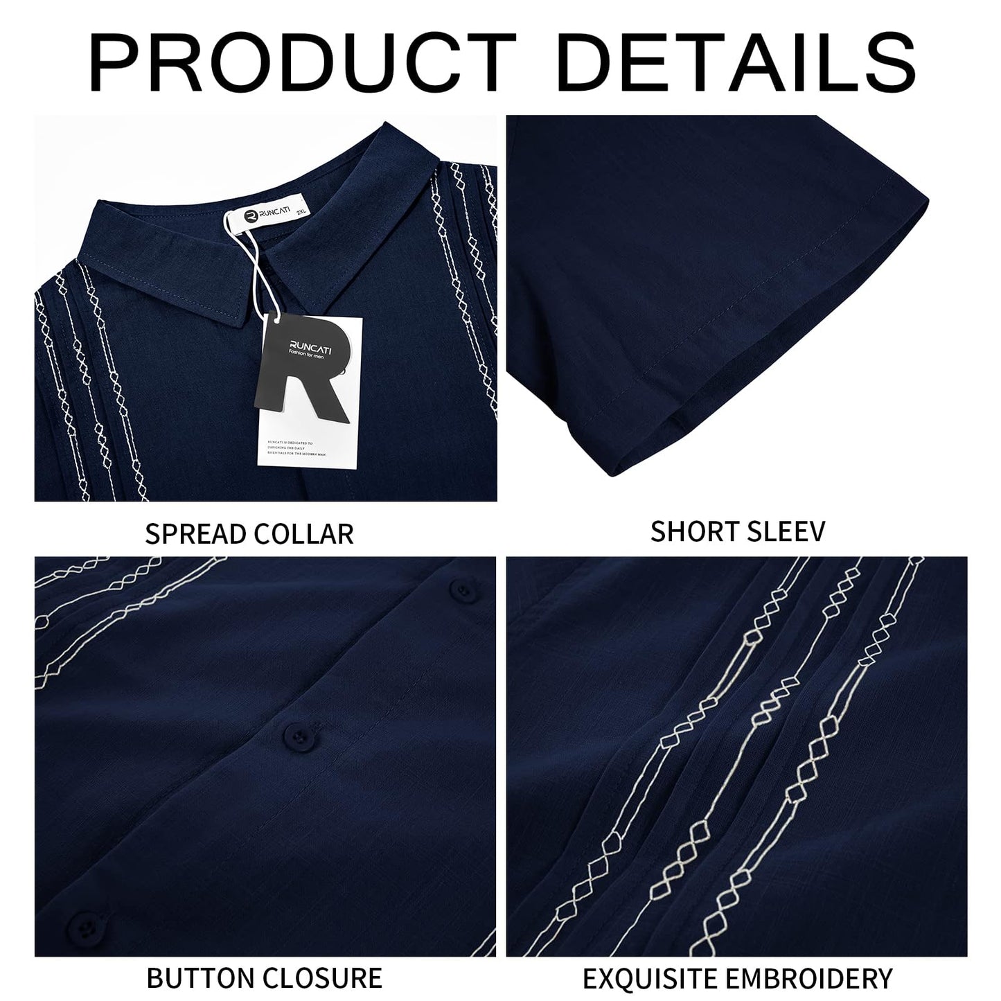 Runcati Mens Short Sleeve Guayabera Shirts Linen Cotton Button Down Mexican Embroidered Cuban Wedding Shirt Summer Beach Tops