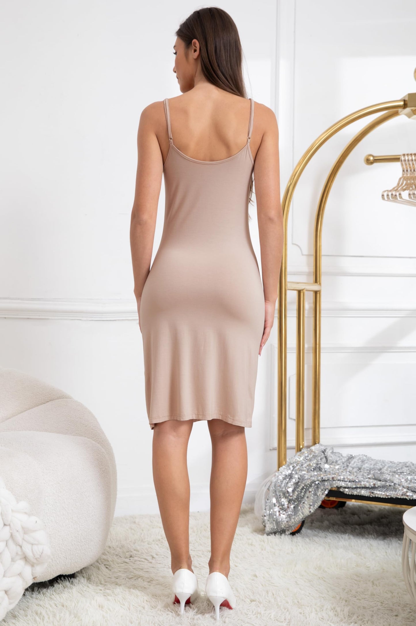 GLOWSUMM Women's Full Slips for Under Dresses Adjustable Spaghetti Straps Sexy V Neck Cami Nightgown (US, Alpha, X-Large, Regular, Regular, Nude)