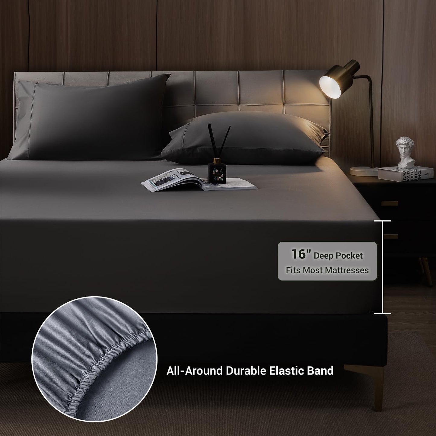 Shilucheng 4 Piece Queen Sheet Sets, Cooling Sheets, Blend Rayon Derived from Bamboo, Deep Pocket Up to 16", Breathable & Soft Bed Sheets, Hotel Silky Bedding Set, Dark Grey