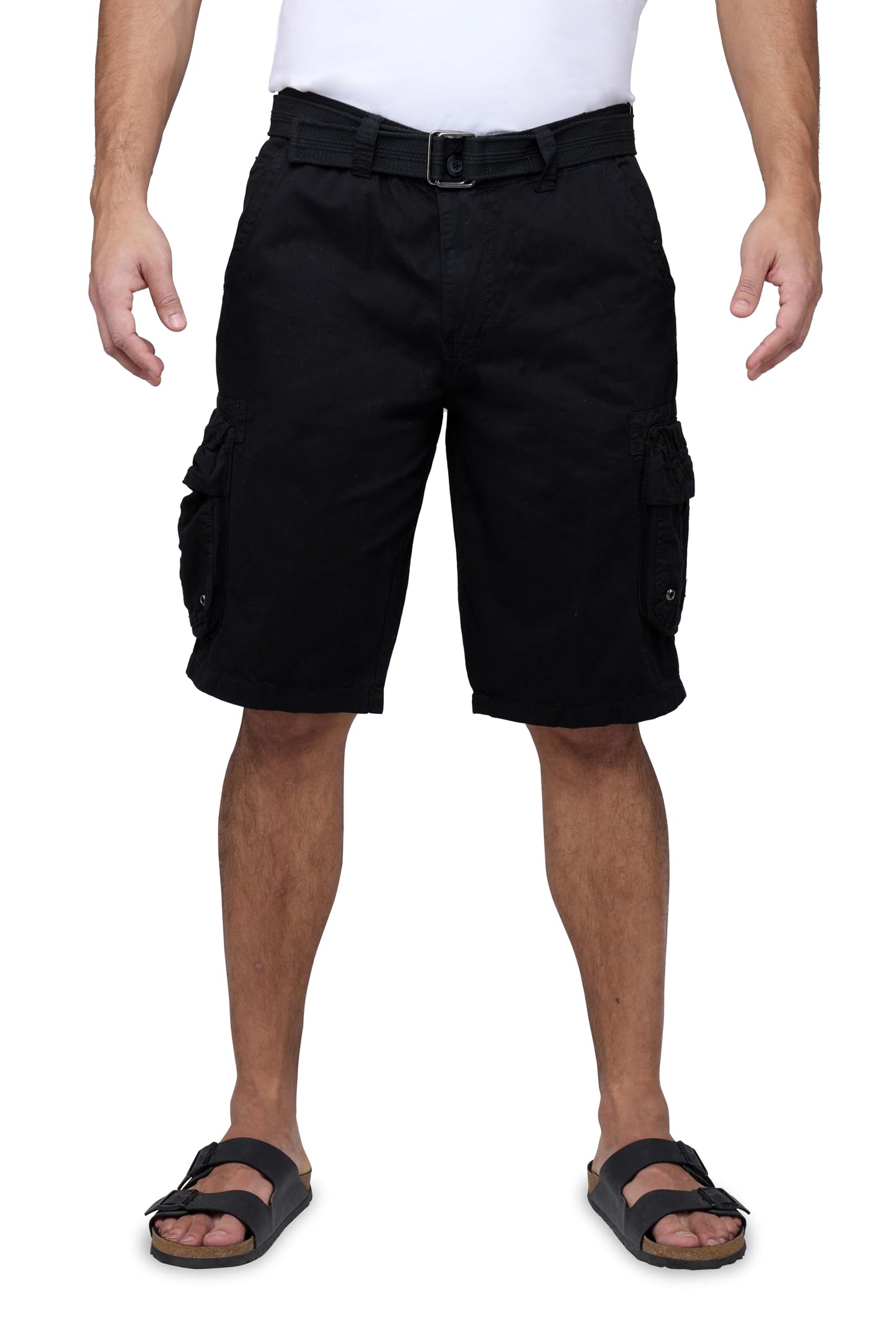 RAW X Mens Belted Cargo Shorts, Relaxed Fit Casual Knee Length Cargo Shorts for Men, Black, 28