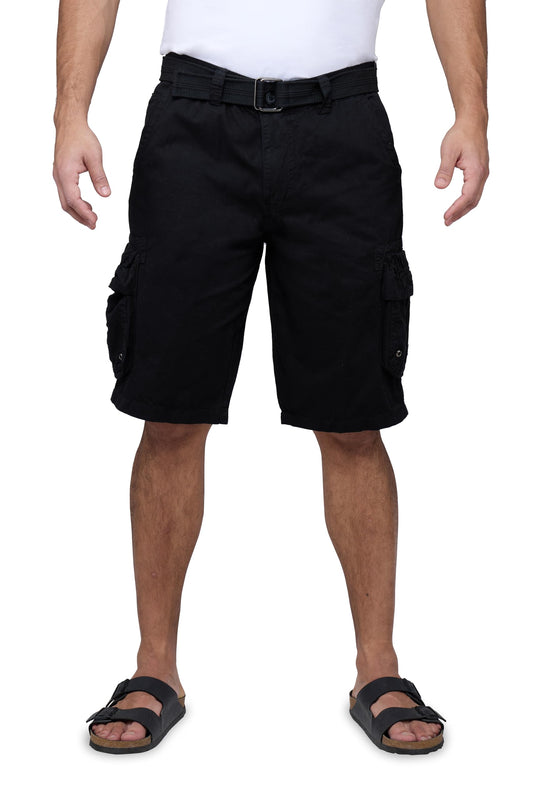 RAW X Mens Belted Cargo Shorts, Relaxed Fit Casual Knee Length Cargo Shorts for Men, Black, 28