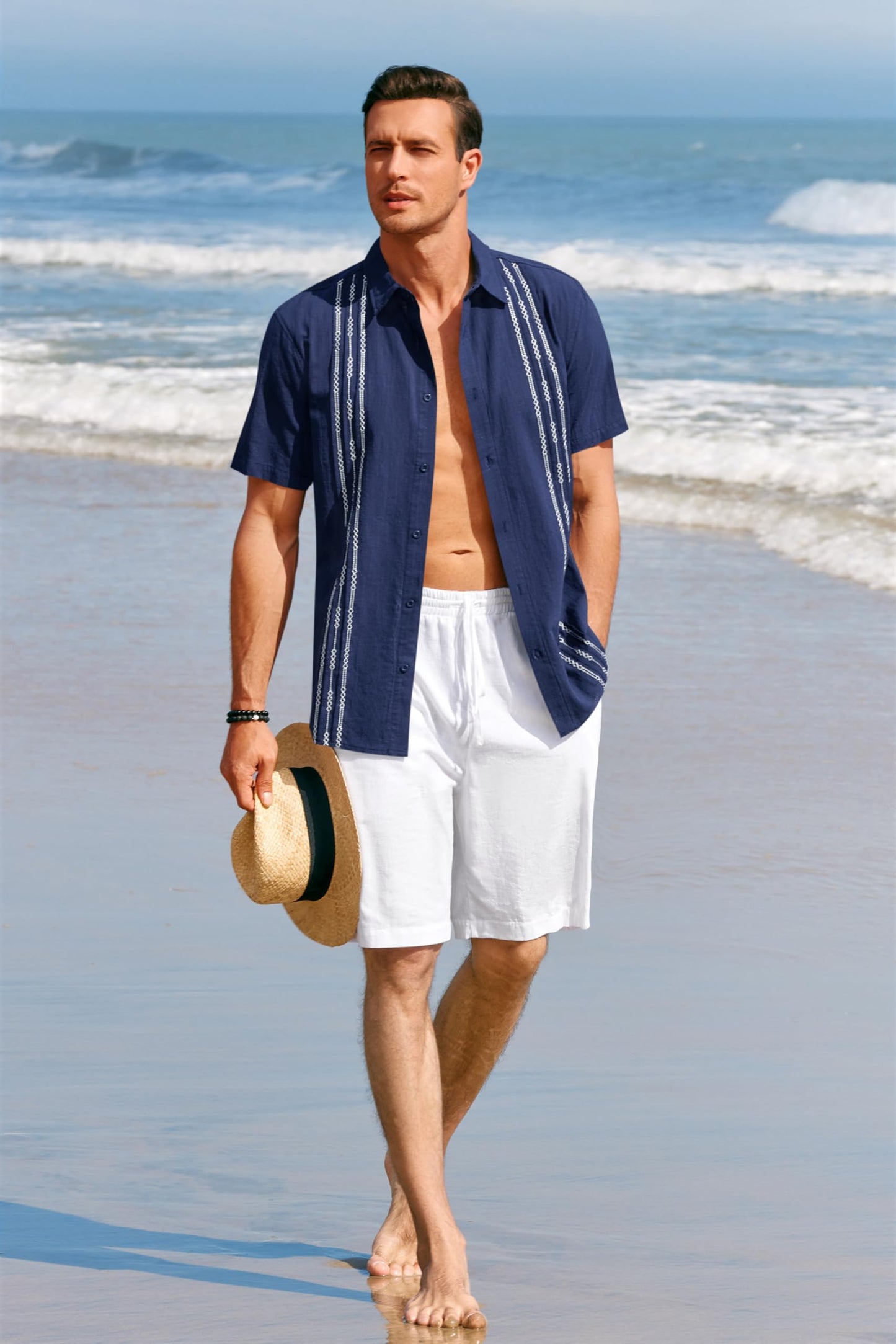 Runcati Mens Short Sleeve Guayabera Shirts Linen Cotton Button Down Mexican Embroidered Cuban Wedding Shirt Summer Beach Tops