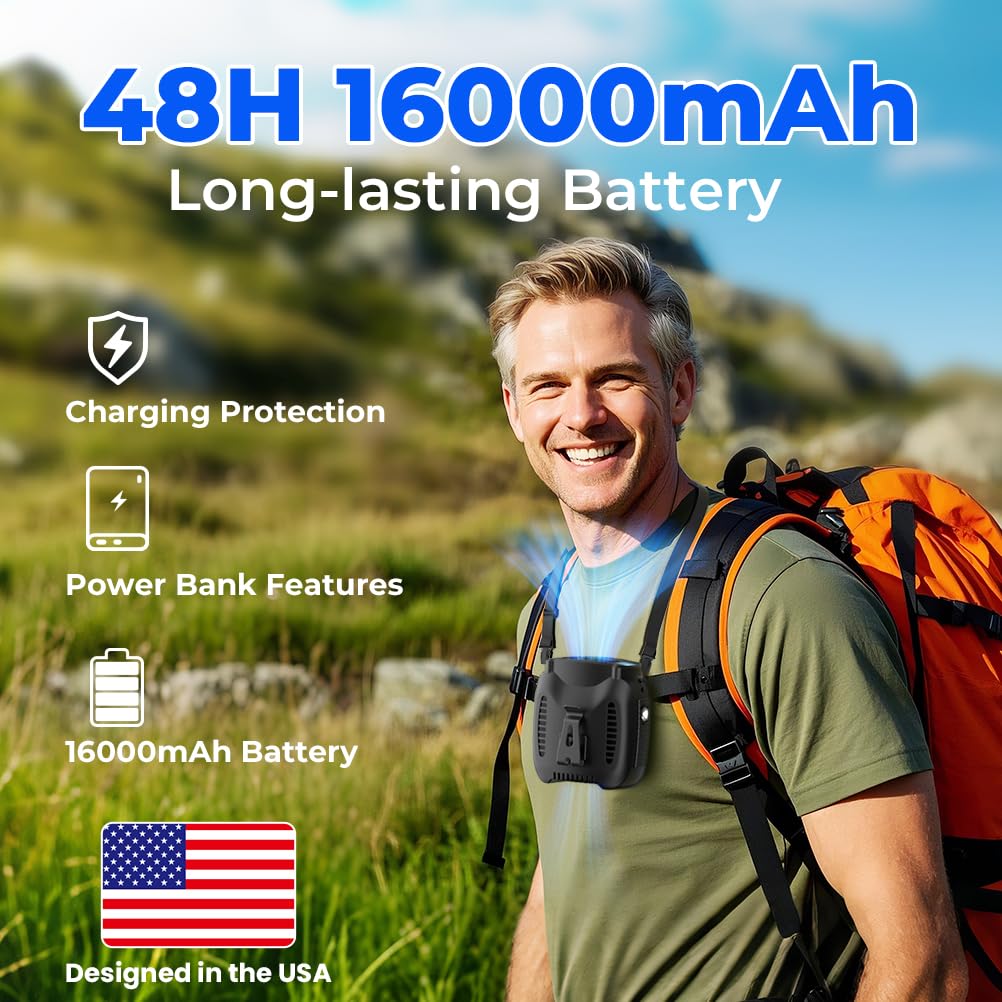 VOSFEEL 16000mAh Portable Waist Fan Rechargeable, 16000RPM 5-Speeds Strong Airflow, 48H Runtime with Flashlight, Personal Wearable Belt Fan for Camping, Outdoor, Jobsite, Black