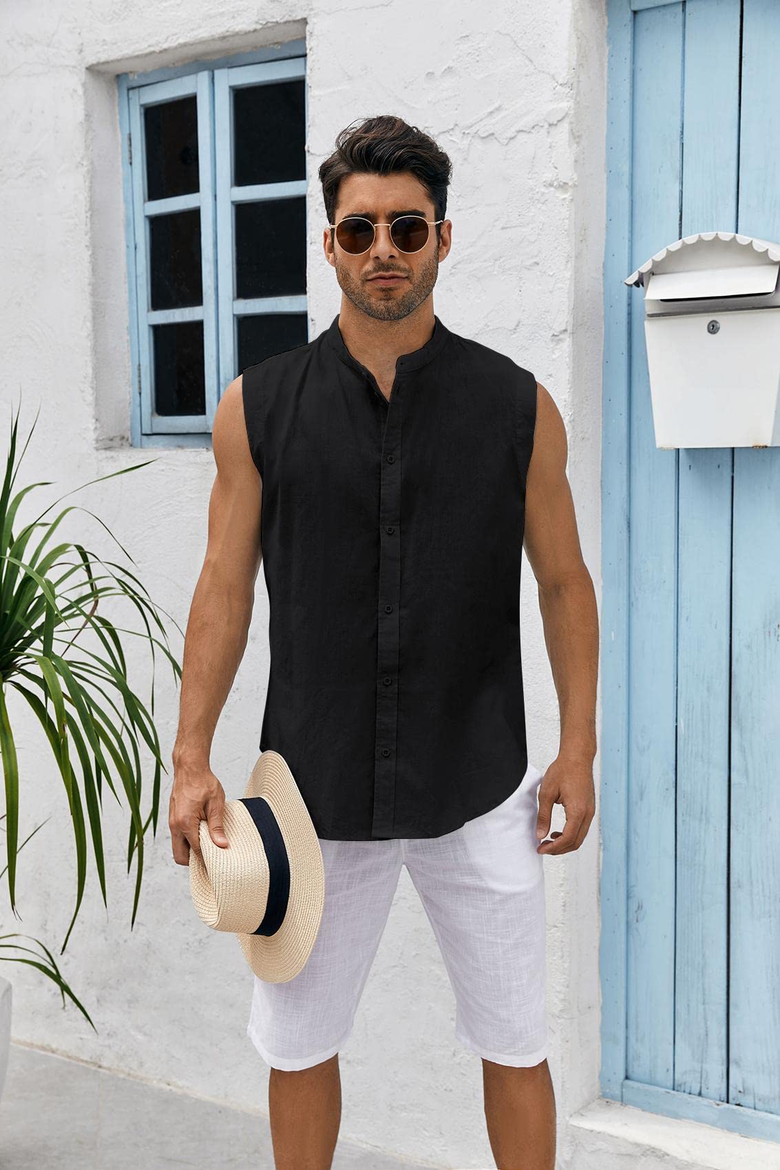 Bbalizko Mens Sleeveless Button Down Shirts Linen Cotton Summer Beach Basic Tank T-Shirt Tops (Large, Z-Black)