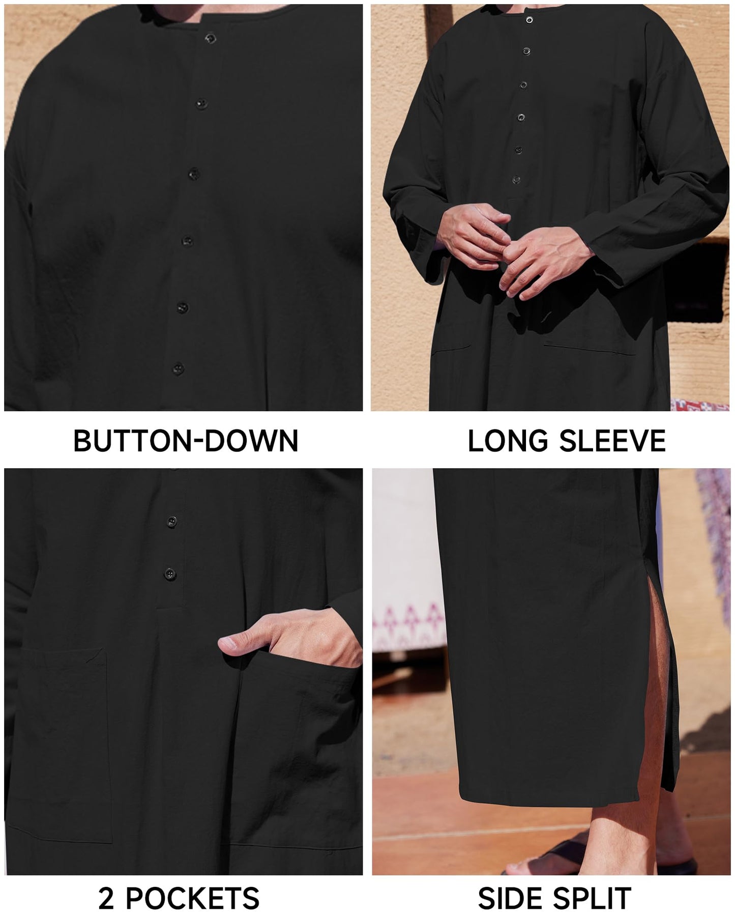 YAOHUOLE Men's Muslim Thobe Long Sleeve Caftan Side Split Kaftan Long Gown Thobe with Pockets Black M