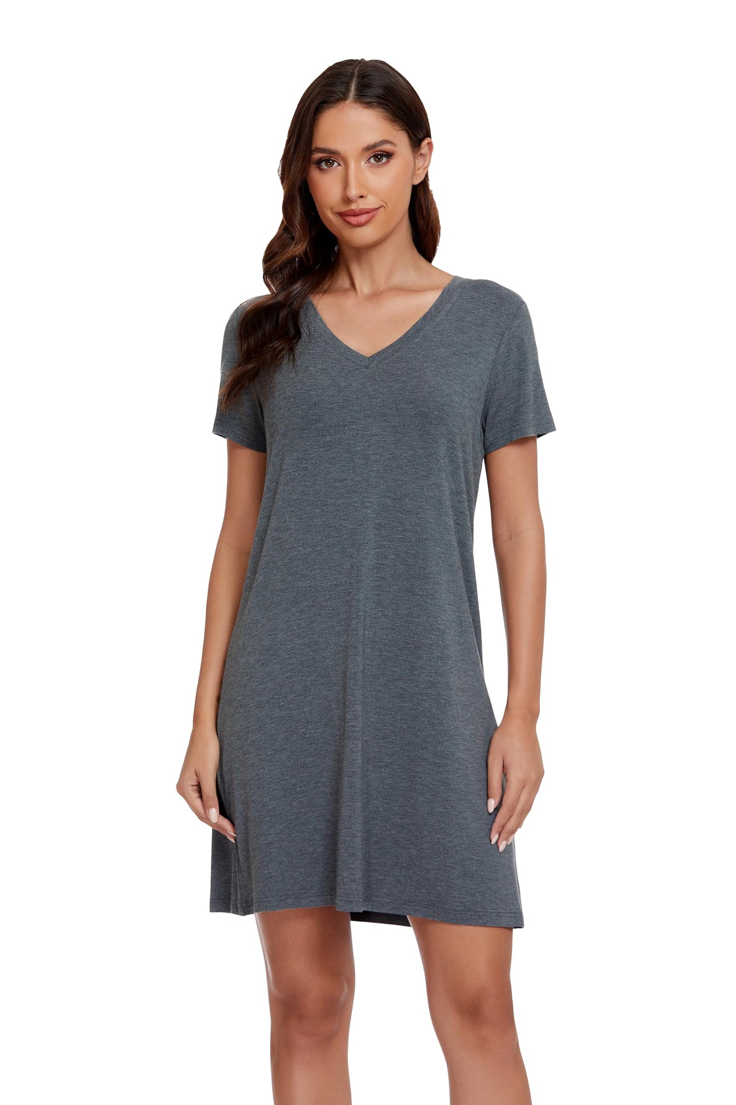 LUBOT Nightgowns for Women Bamboo Viscose Soft Cooling Breathable Short Sleeve V Neck Sleepshirts Sleepwear Nightshirt Dress Plus Size (Dark Gray,M)