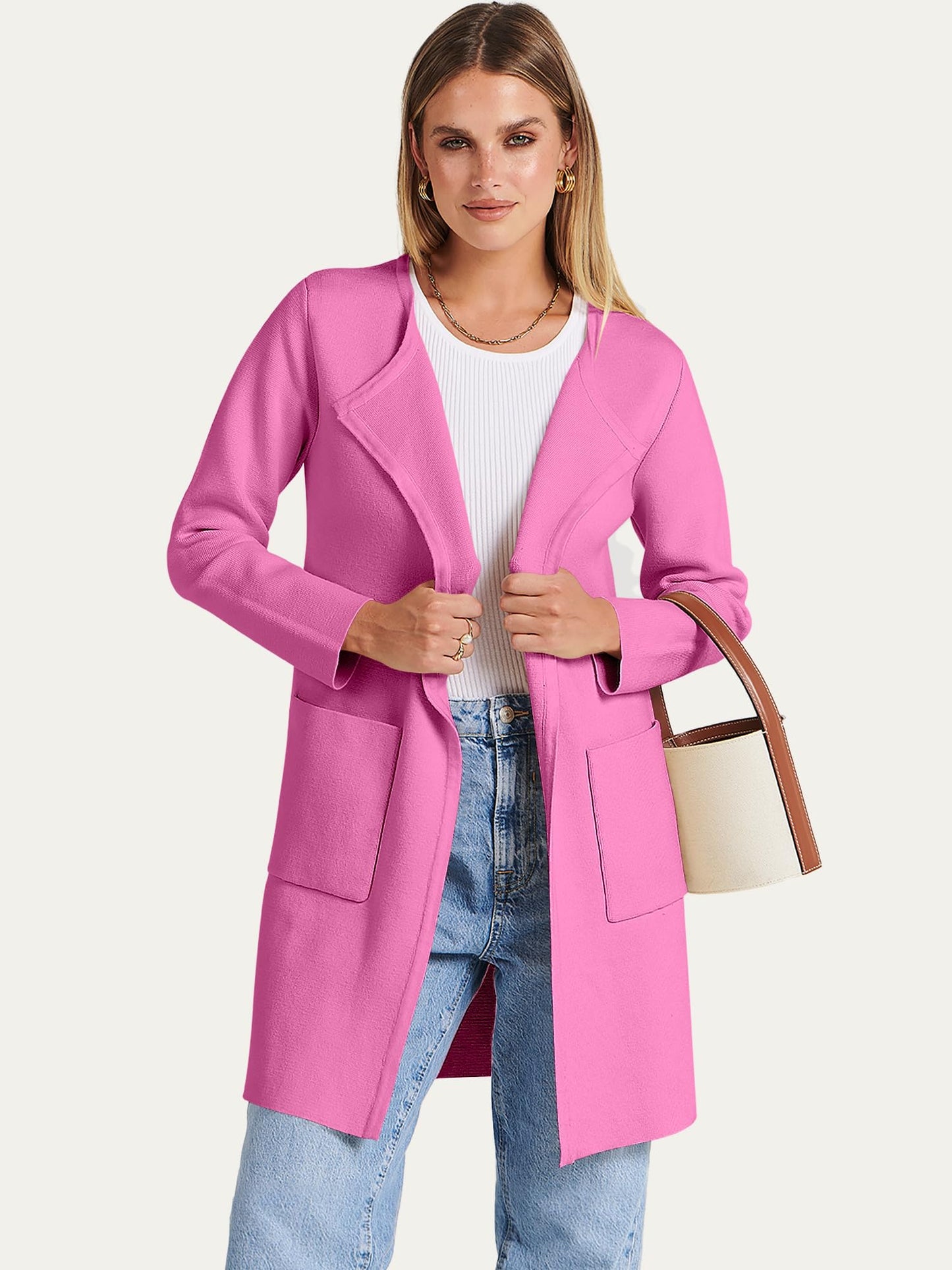 ANRABESS Women's Open Front Knit Lightweight Cardigan Casual Long Coatigan Sweater Lady Jacket Coat 2024 Fall Outerwear Rose Medium