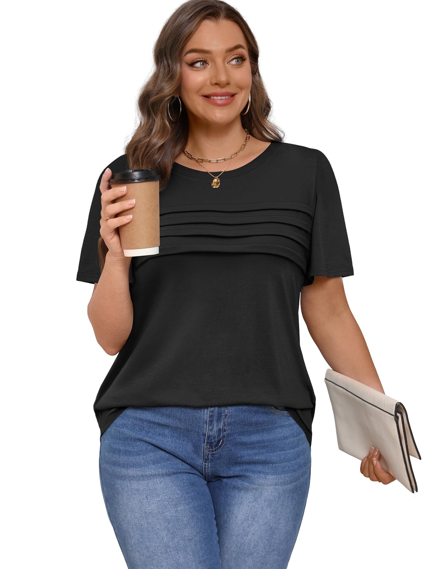 XIEERDUO Plus Size Tops for Women Dressy Casual Short Sleeve Blouses Summer Fashion T-Shirts Spring Loose Long Tunic Ladies Business Work Outfits Women's Beach Vacation Clothes Black 3XL