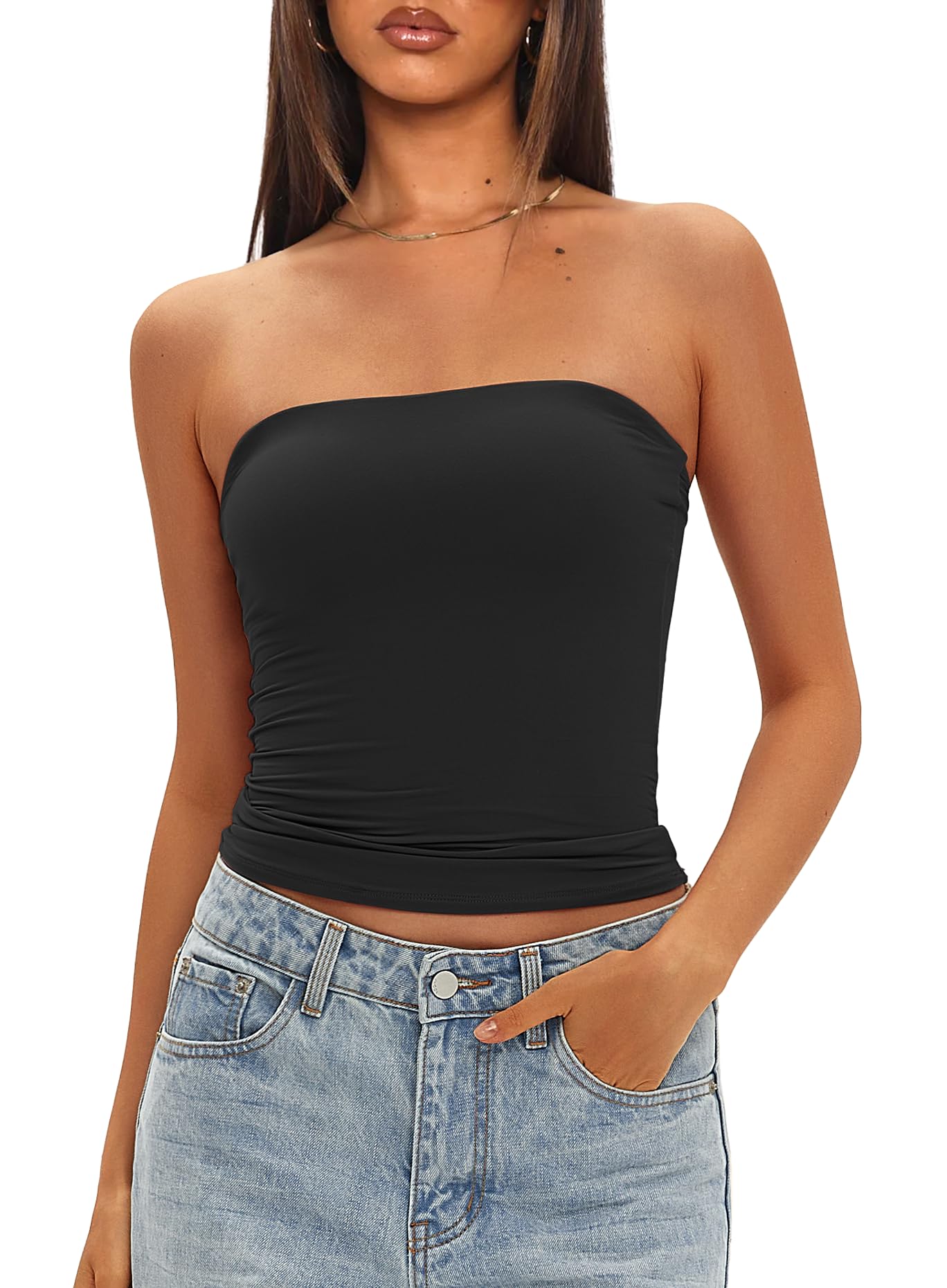 Darong Womens Tube Tops Strapless Crop Tops Double Lined Basic Going Out Tank Top Bulit in Bra 9205 Black M