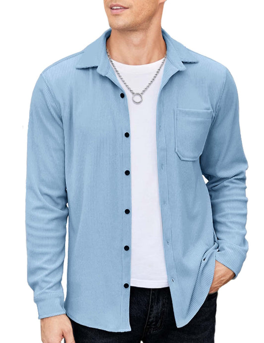 COOFANDY Men's Corduroy Jacket Stretch Fall Shacket Long Sleeve Jackets Casual Stylish Light Blue