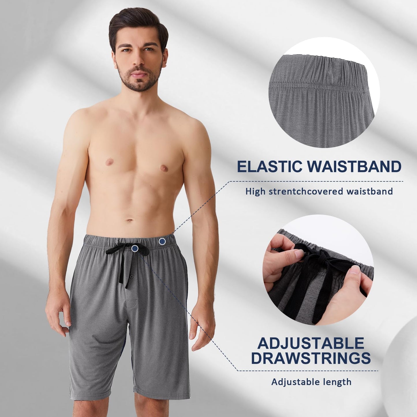 BAMBOO COOL Men's Pajama bottoms Lounge Sleep Shorts Soft Comfortable Breathable Pajamas Shorts with Pockets 2 Pack, Large