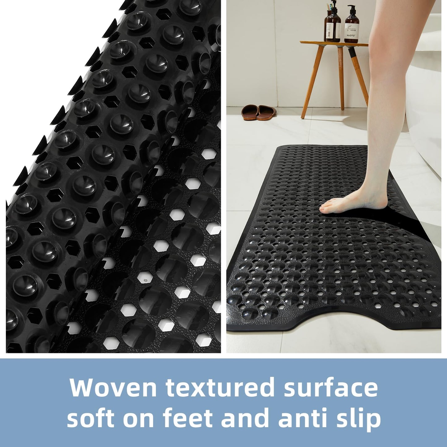 RongFa Bathtub and Shower Mats, Extra Long Non Slip Bath Mat, Bath Tub Mat with Suction Cups & Drain Holes for Bathroom，Machine Washable Bathroom Mats (Black)