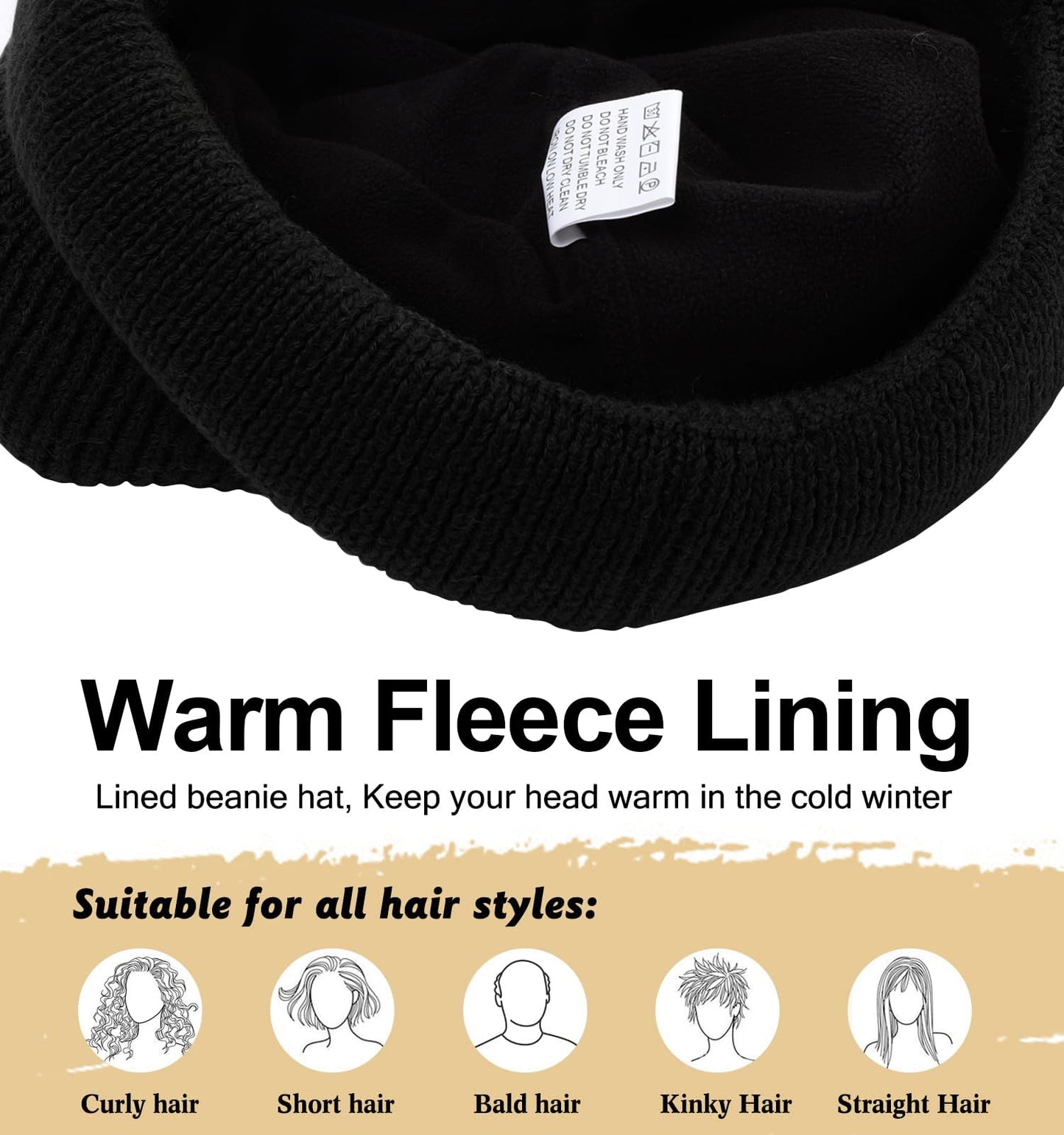 Oversize XL XXL Waterproof Merino Wool Beanie for Men Women Big Head, Warm Fleece Lined Large Winter Hat, Plus Size Big Knit Skull Stocking Cap, Rainproof Windproof Cuffed Beanie for All Weather Black