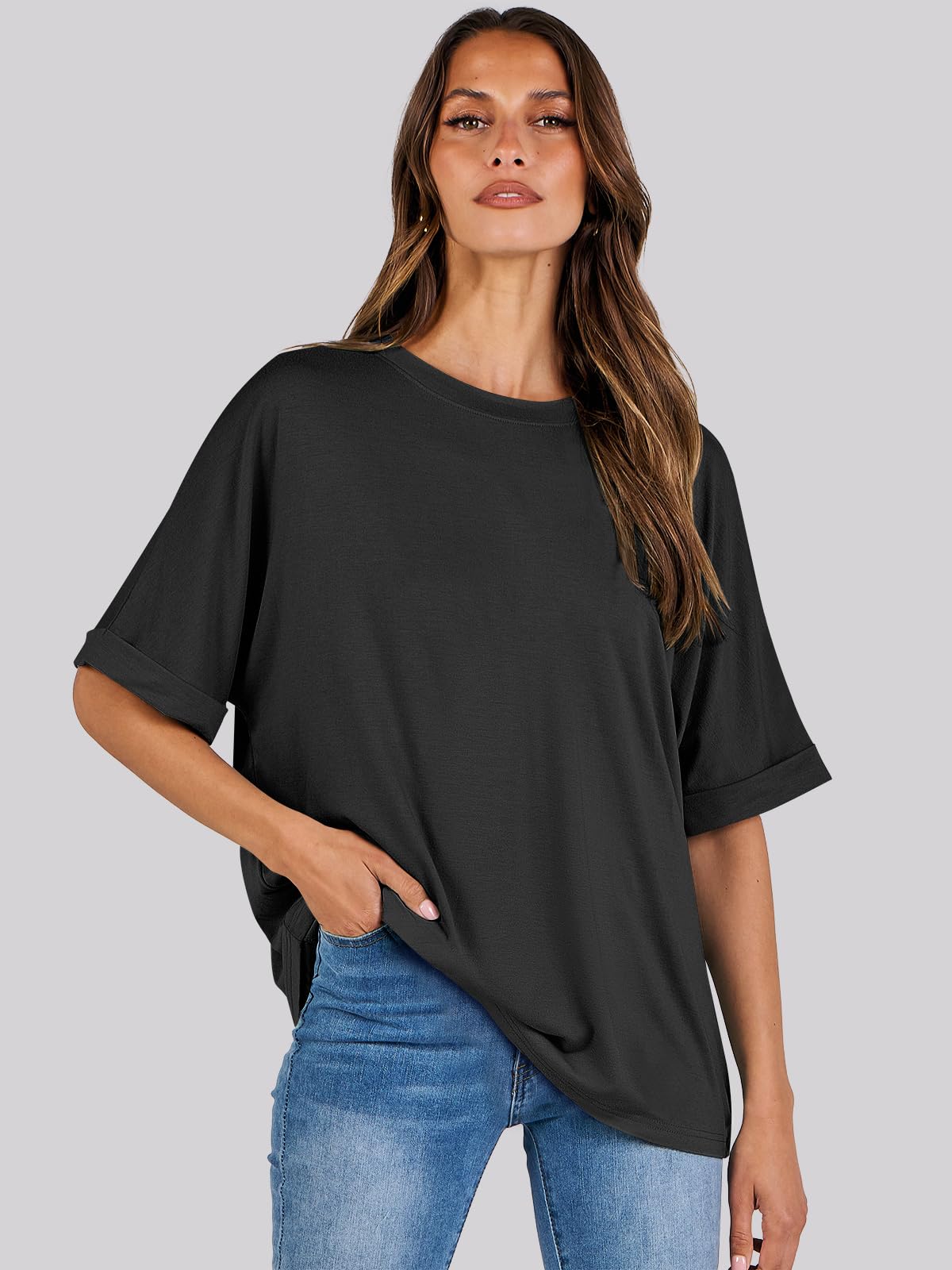 ANRABESS Womens Tops Oversized T Shirts Short Sleeve Crewneck Summer Casual Loose Basic Tee Shirt 2025 Trendy Fashion Clothes Black XX-Large