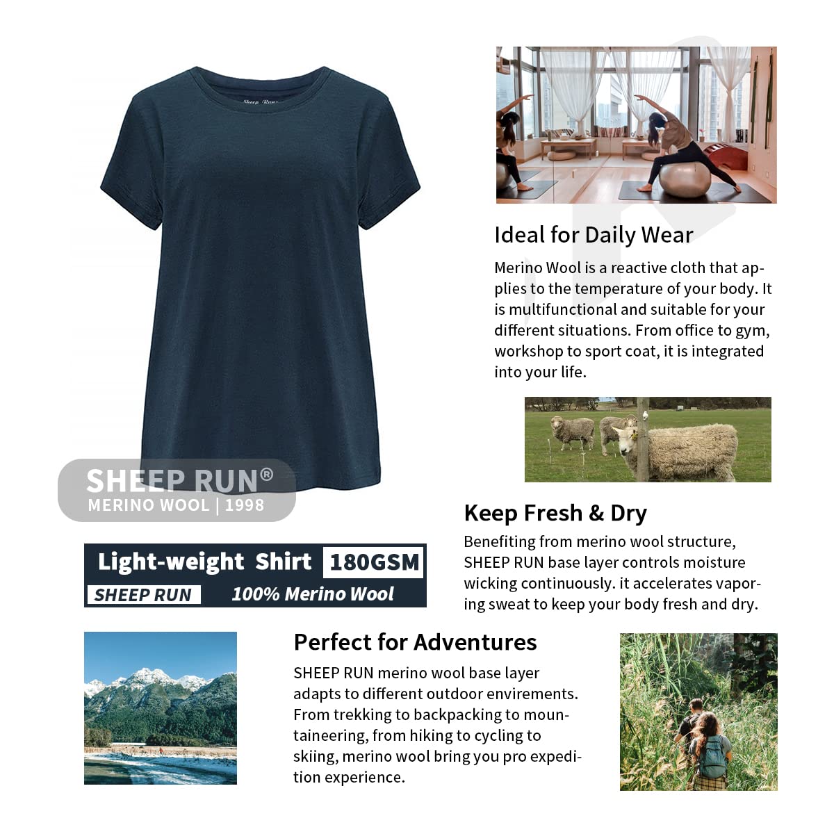SHEEP RUN Womens Merino Wool T Shirt Breathable Wicking Hiking Yoga Loose Fit Base Layer Shirt (Mahogany, Large)