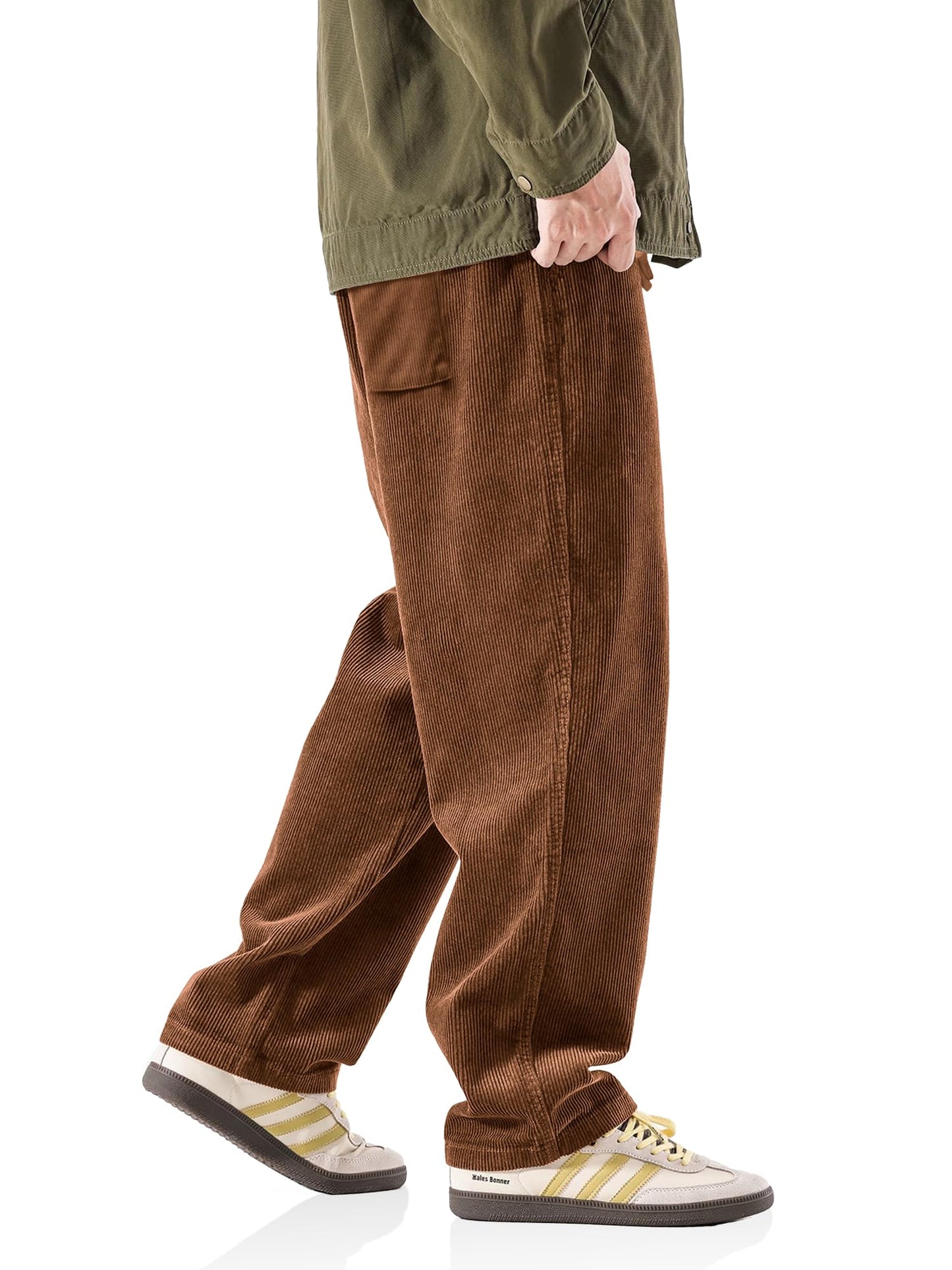 PLEPAN Men Loose Elastic Waist Corduroy Pants Casual Drawstring Outdoor Stretch Wide Leg Streetwear Sweatpant L Brown