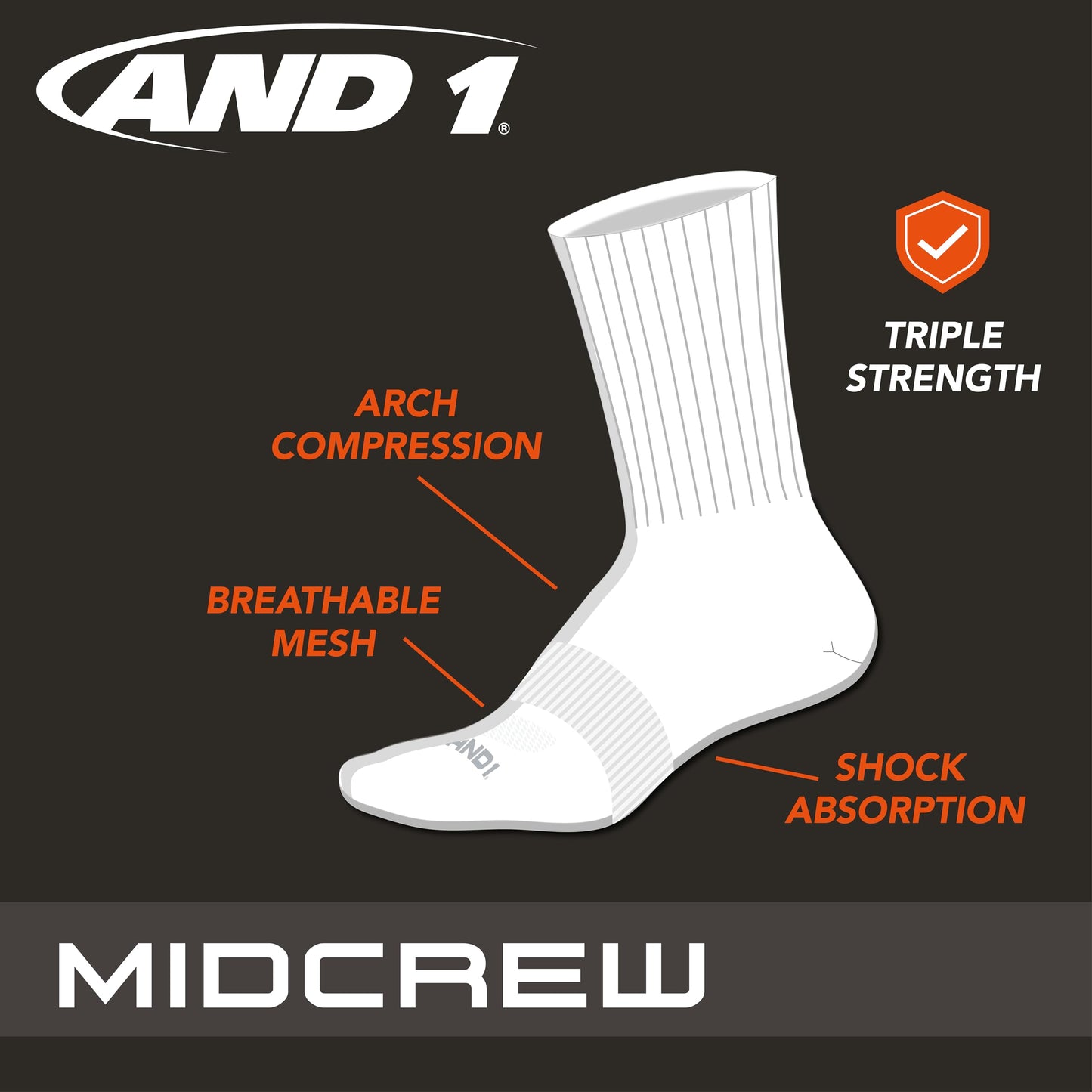 AND1 Men's Mid Crew Socks - 12 Pack Moisture Control Performance Cushioned Short Athletic Socks for Men (Shoe Size: 6-12.5), Size 6-12.5, White