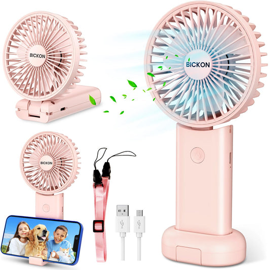 BICKON Handheld Portable Fan With USB Rechargeable Battery, 3 Adjustable Speed Personal Desk Table Fan With Base, Lightweight for Makeup, Travel, Outdoor Indoor Office - Women, Girls, Kids