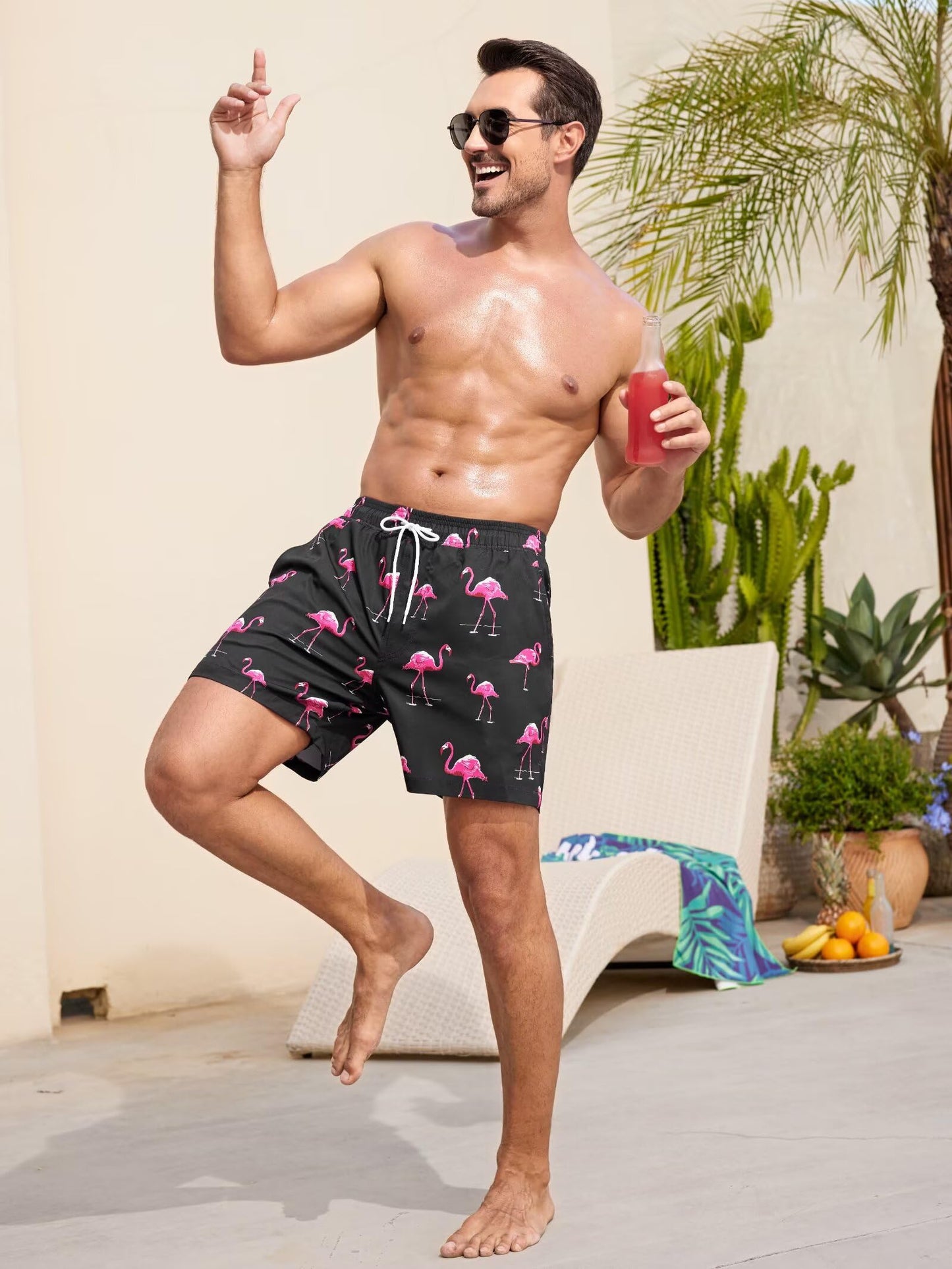 SILKWORLD Mens Swim Trunks Swim Shorts Quick Dry 5 inch Inseam Beach Shorts with Compression Liner and Zipper Pocket, Black Pink Flamingo, Large