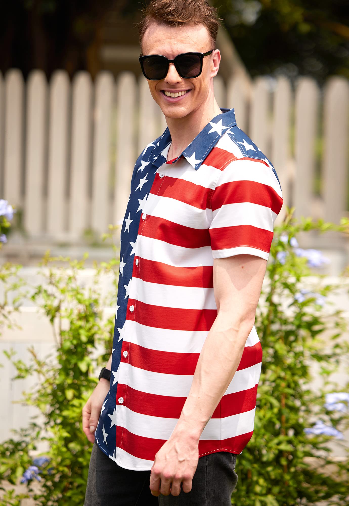 Arvilhill Men's American Flag Button Shirt Casual US Flag Button Down Shirt Fourth of July Traveling Button T-Shirt L