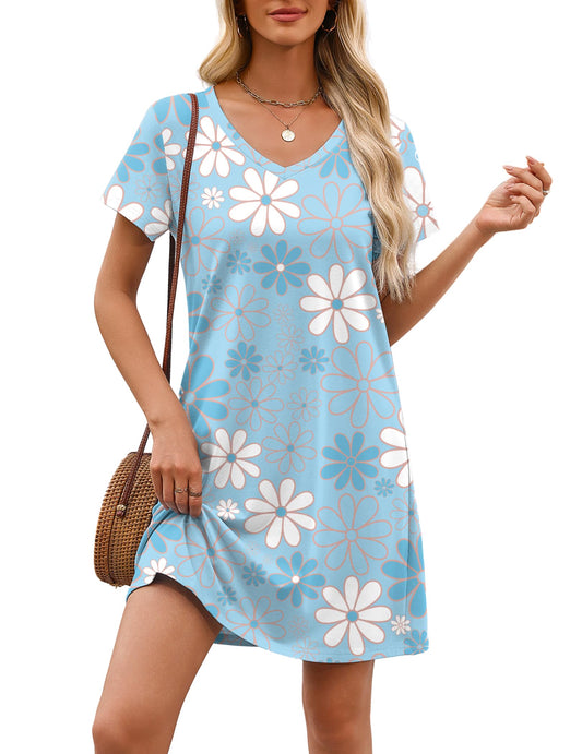 Ekouaer Cotton Nightgowns for Women Short Sleeve Womens Nightgown V Neck Sleep Shirts for Women Blue White Flower, Medium