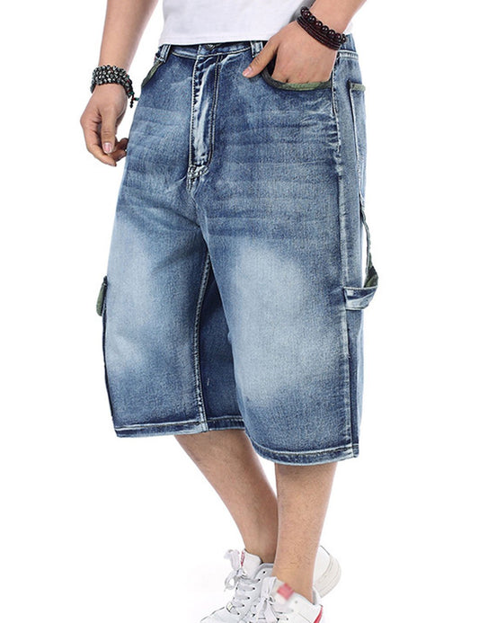 Yeokou Men's Loose Hip Hop Cropped Jeans Work Denim Shorts with Cargo Pockets (34, Light Blue)