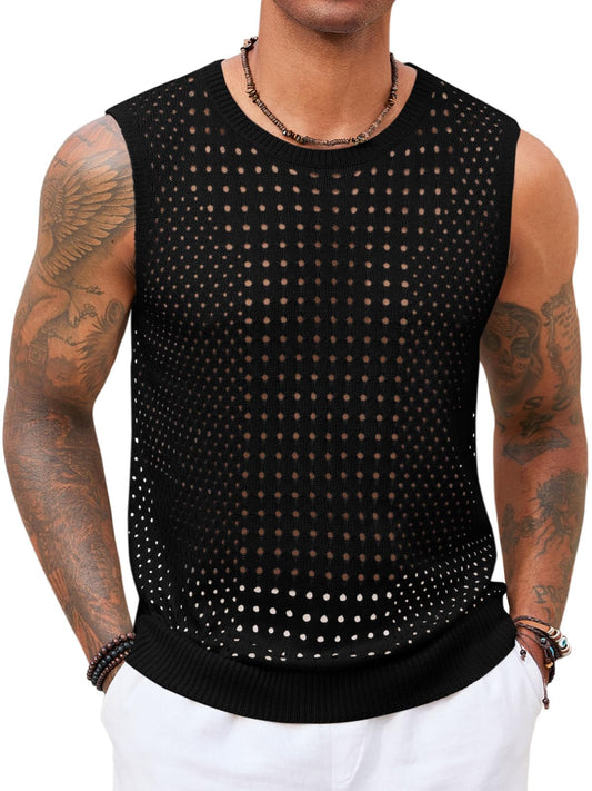 Runcati Mens Knit Sleeveless Tank Tops Casual Hollow Out T Shirts Beach Summer See Through Tops Black