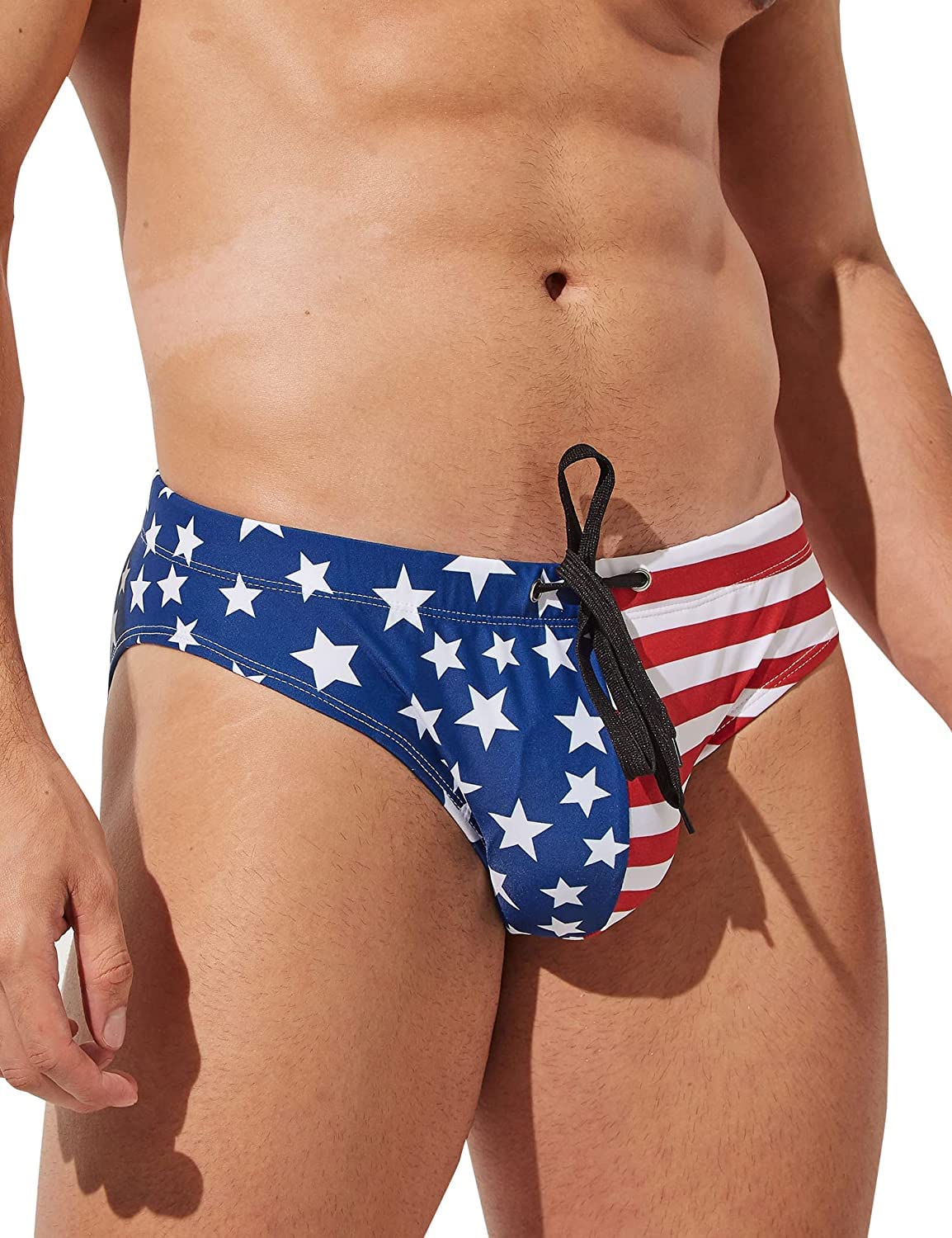 PINKY SENSON Men's American Flag Patriotic swimwear Fourth of July Stars & Stripes Swim Briefs L