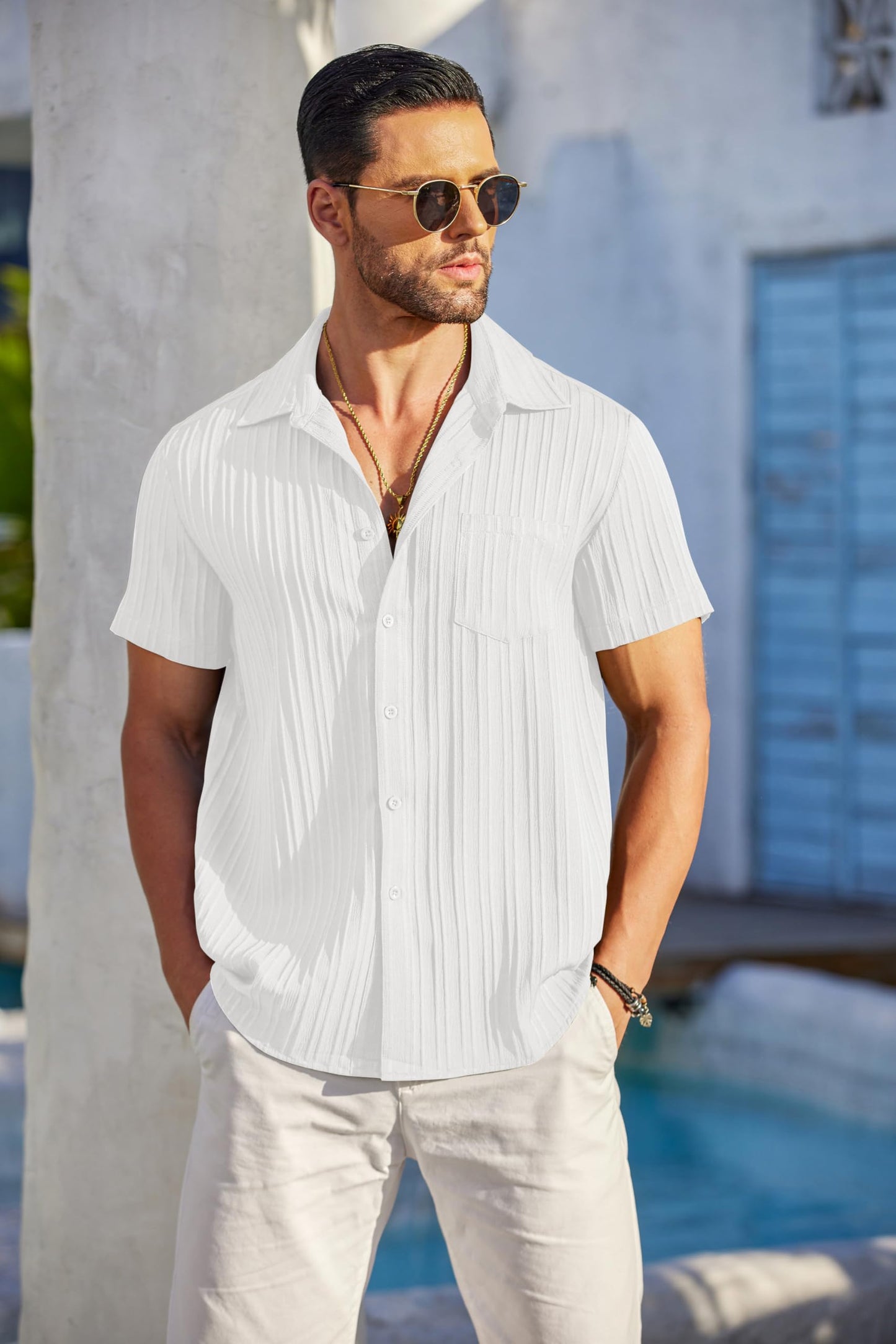 COOFANDY Button Down Shirt Men Short Sleeve Shirt Button Up Shirts for Men Linen Shirts for Men Summer Beach Shirt A-White