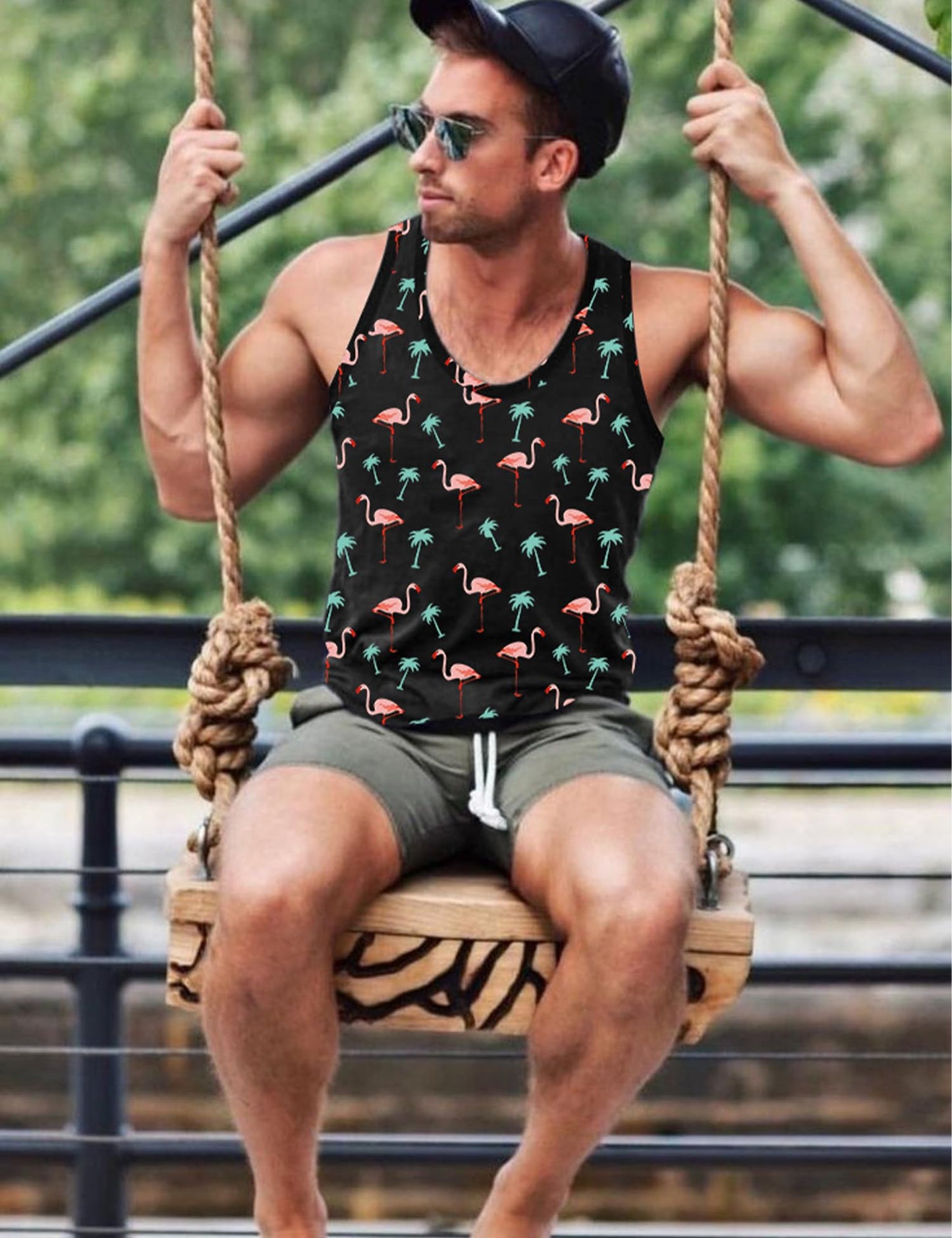 Babioboa Men Funky Hawaiian Tank Top Tropical Floral Beach Shirt Sleeveless Quick Dry T-Shirt Summer Casual(Flamingo,XL)
