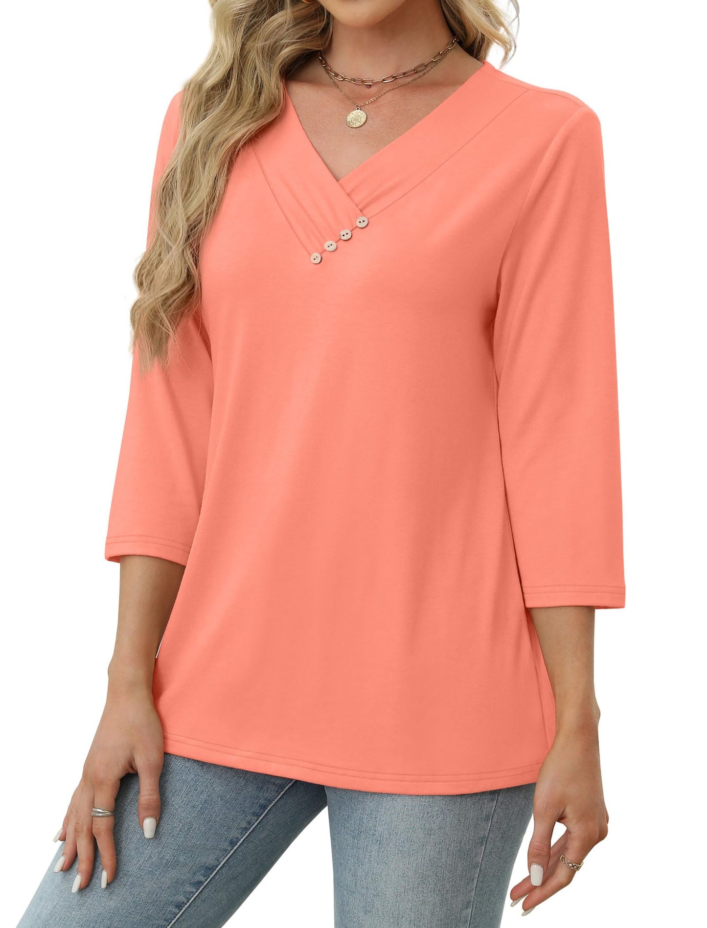 SAMPEEL 3/4 Sleeve Spring Tops for Women V Neck Button Down Blouses Buiness Dressy Casual Shirts Summer Clothes 2025 XL Coral