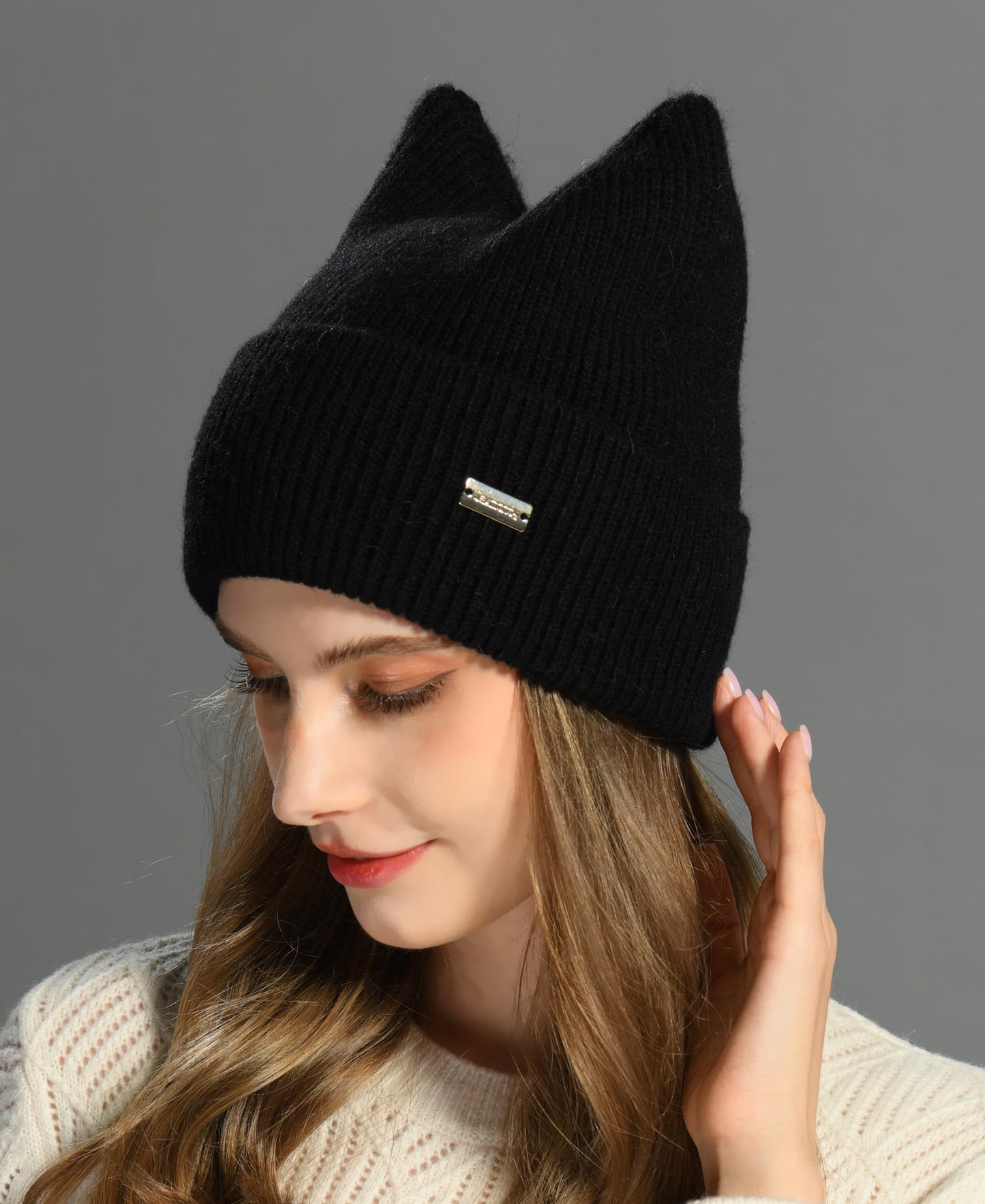 jaxmonoy Winter Cute cat Ear Wool Beanie Hats for Women and Men Soft Warm Cashmere Knit hat Ladies Skull Beanies Cap - Black