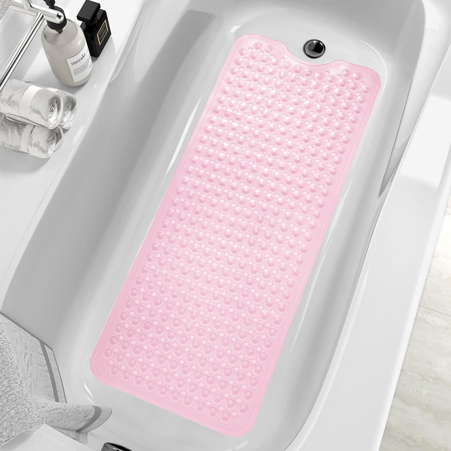 MOONFLY Shower and Bathtub Mat,40x16 Inches,Extra Long Non Slip Mats with Suction Cups and Drain Holes, Machine Washable and Anti Slip Bathmats, Bathroom Mats for Tub Nonslip (Clear Pink)