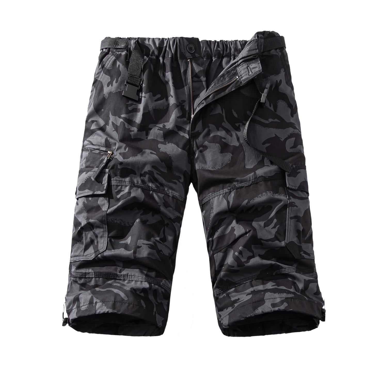 Mylldey Men's Cargo Shorts 3/4 Relaxed Fit Mens Running Shorts 7 Pockets Elastic Waist Cotton Hiking Shorts (Black Camo, L)