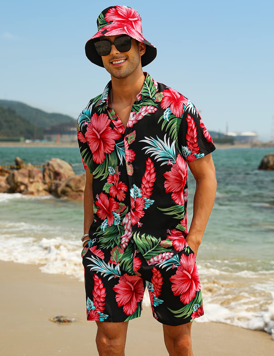 EISHOPEER Men's Hawaiian Shirt and Short 2 Piece Outfits Sets Casual Button Down Beach Floral Shirts Suits with Bucket Hats Large