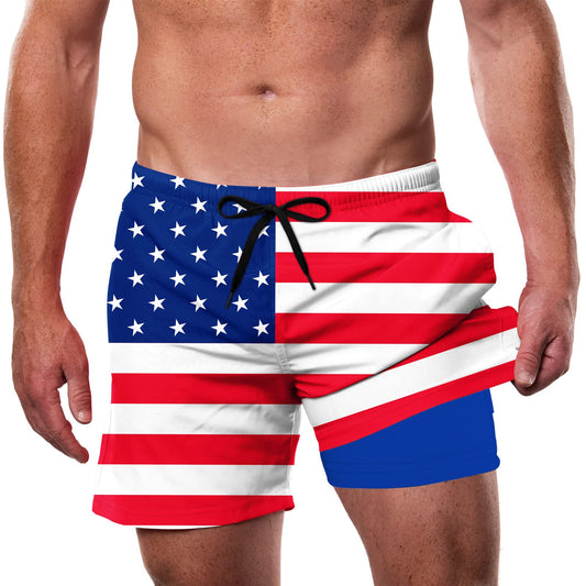Cozople Mens Swim Trunks 4th of July Bathing Suit with Compression Liner Patriotic Swimming Shorts Beach Anti Chafe Swimming Trunk Swimwear White Red Stripe S